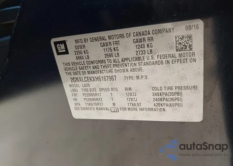 2017 Chevrolet Equinox Lt from USA, damaged, VIN 2GNALCEKXH6167967